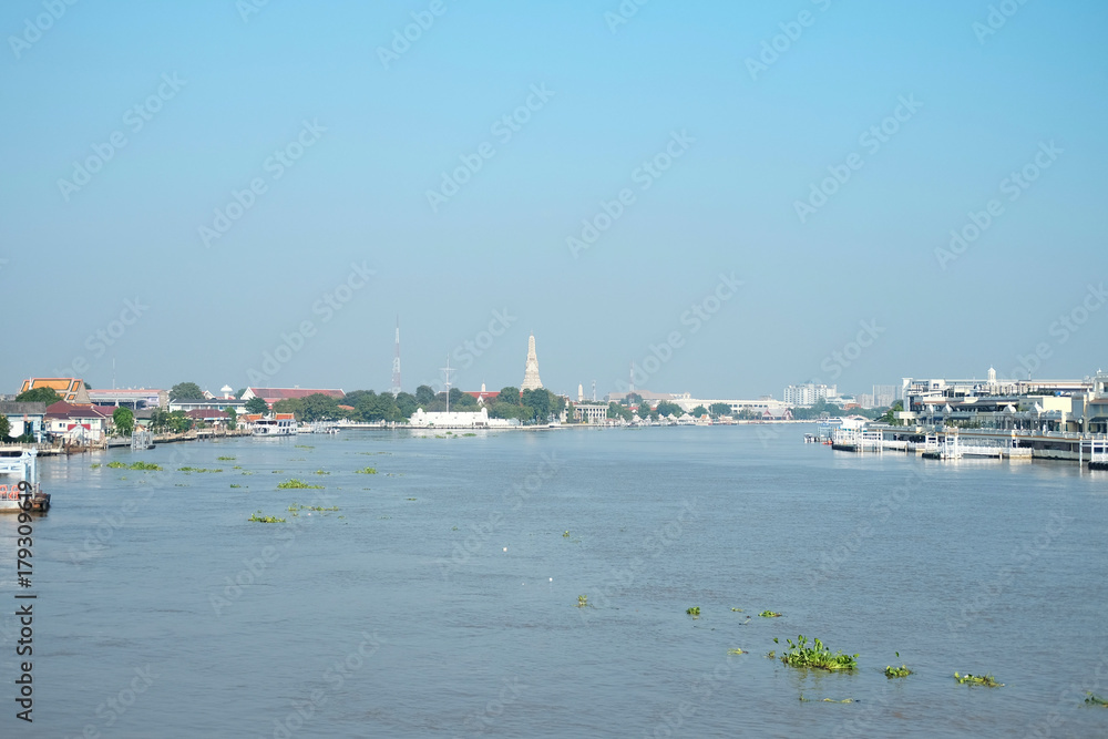 Historic city and life in Chao Phraya river in Bangkok, Thailand
