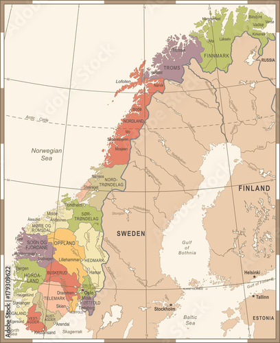 Photography Norway Map - Vintage Vector Illustration