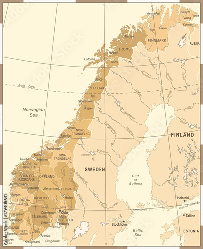 Canvas Print Norway Map - Vintage Vector Illustration