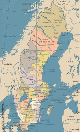 Canvas Print Sweden Map - Vintage Vector Illustration