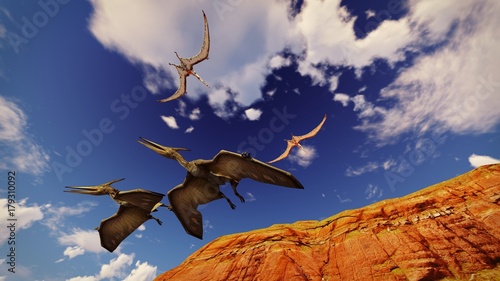 Flying pterodactyl against the beautiful cloudscape 3d illustration photo