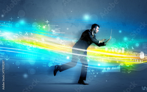 Business man running in high tech wave concept