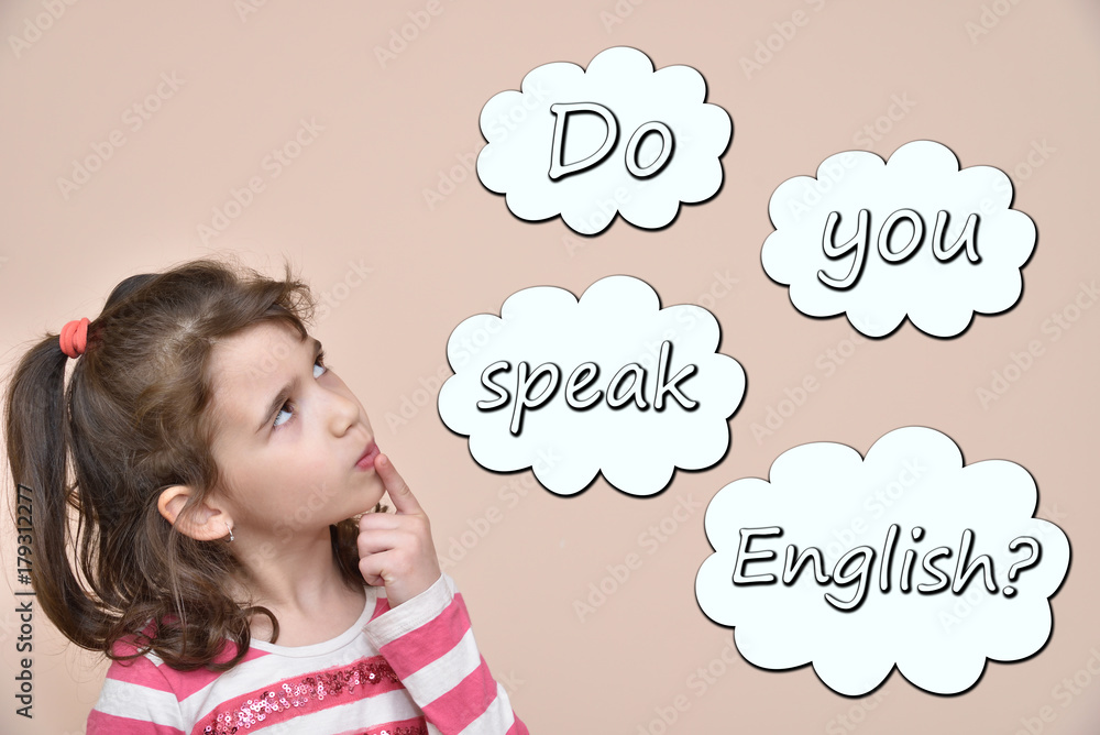 Thoughtful young girl with text Do you speak English in the thought bubbles Thoughtful young girl with text Do you speak English in the thought bubbles