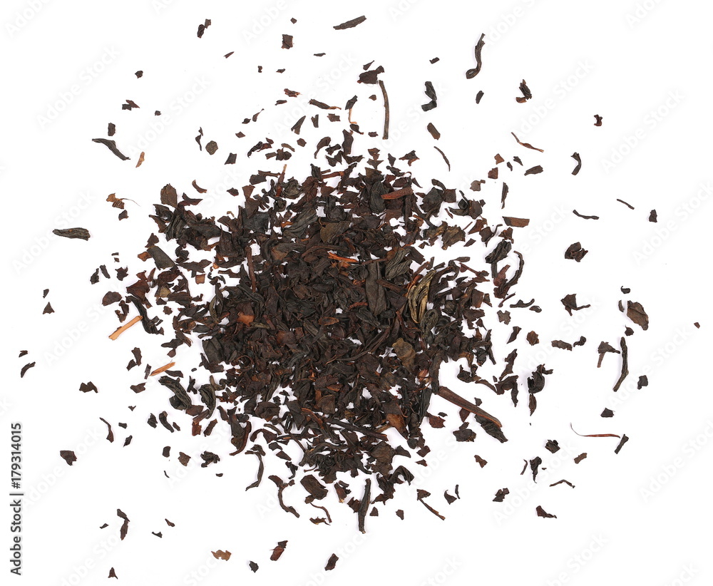 Black tea leaves isolated on white background, top view Black tea leaves isolated on white background, top view