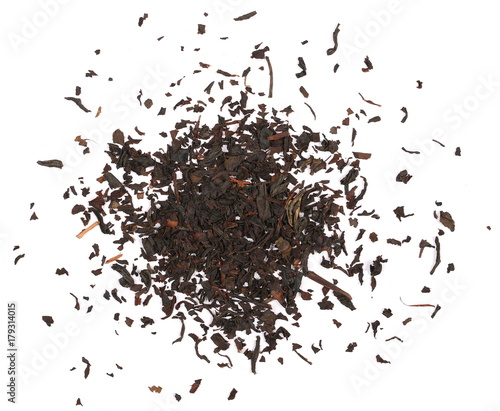 Black tea leaves isolated on white background, top view