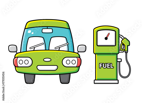 Green car and fuel pump front view vector icons isolated. Gas or petrol filling station.