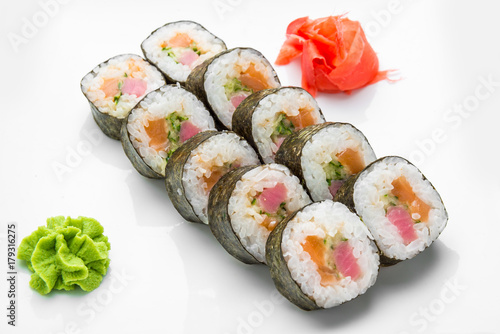 Japanese traditional sushi food and rolls with fresh seafood