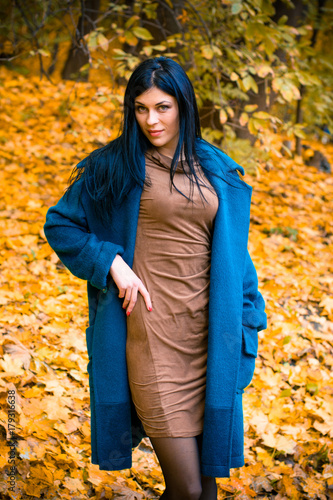 Portrait of young beautiful woman in autumn blue oversized coat. Brunette fashion woman walking outdoor against an autumn nature landscape High fashion photo of elegant woman stylish in boho style © T.Den_Team