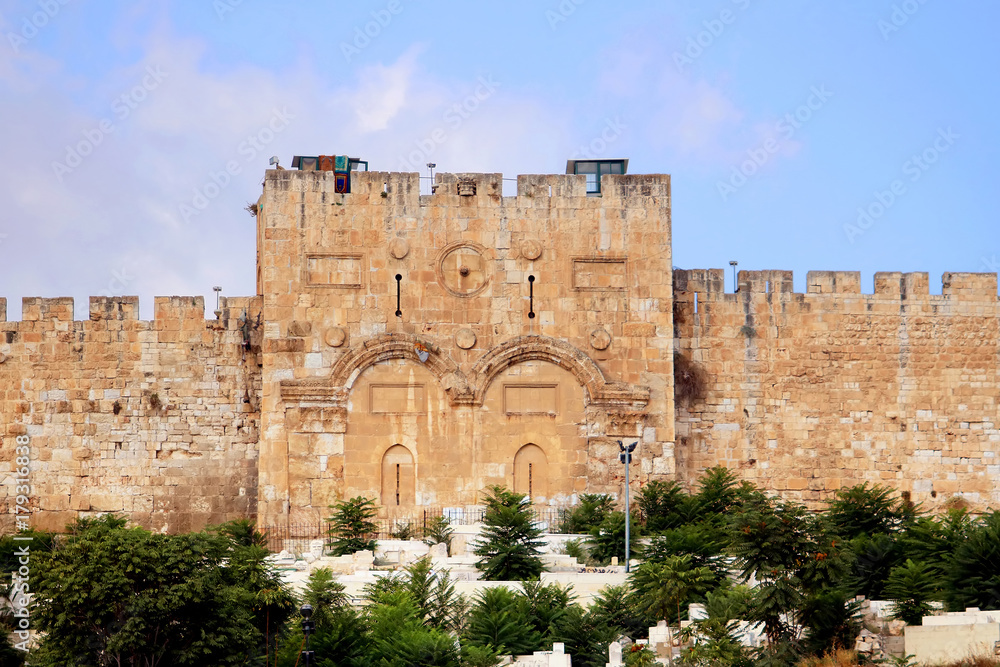 The Golden Gate or Gate of Mercy on the east-side of the Temple Mount of the Old City of Jerusalem, Israel
