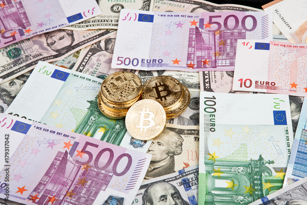 Obraz premium bitcoin coins with euros and dollars