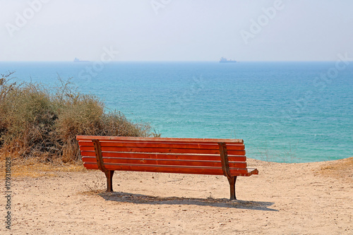 Bench overlooking the Mediterranean Sea, Israel