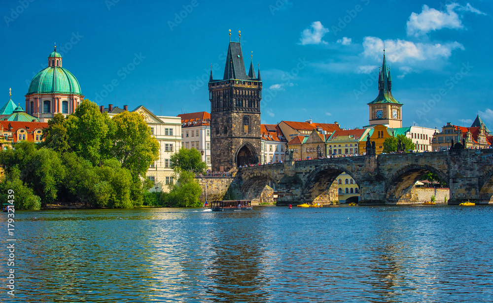 View on the old town of Prague with the famous Charles Bridge