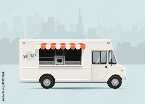 Side View Food Truck with City Landscape on the Background. High Detailed Vector Illustration. Food Truck Mockup.