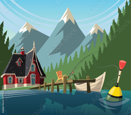 Fishing day on mountain lake