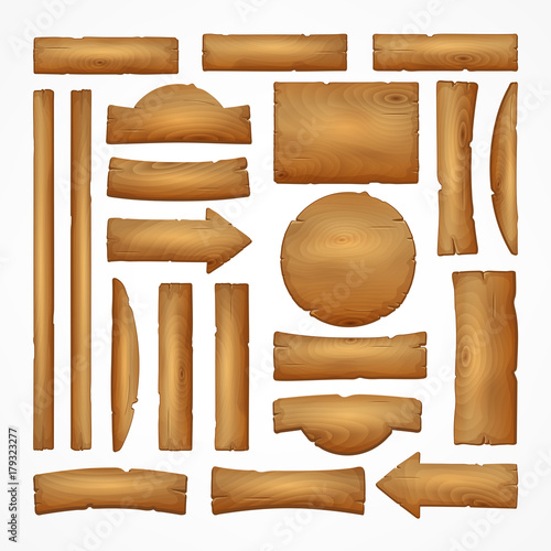 Set of wooden banners of various shapes and forms