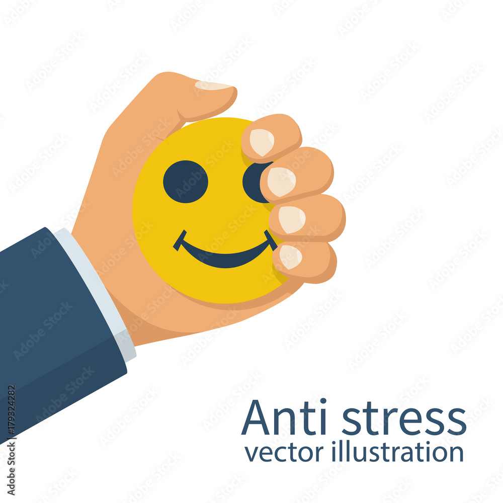 Man holds in hand squeezing an antistress ball. Relax at work. Rubber ball  in the fist. Vector illustration flat design. Isolated on white background.  Calm nerves. Stock Vector | Adobe Stock