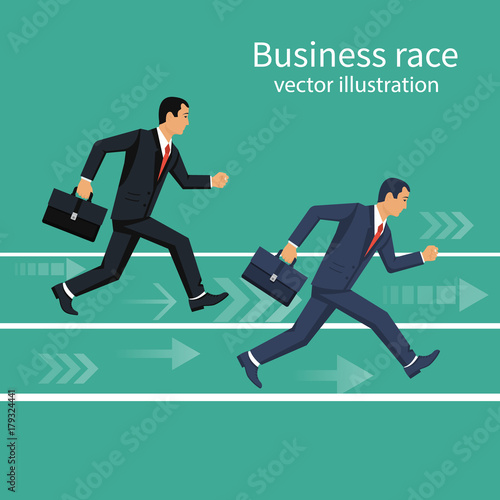 Business race. Businessmen running down track. Competition concept. Winning strategy. Vector illustration flat design. Isolated on background. Running people. Direction to victory. © hvostik16