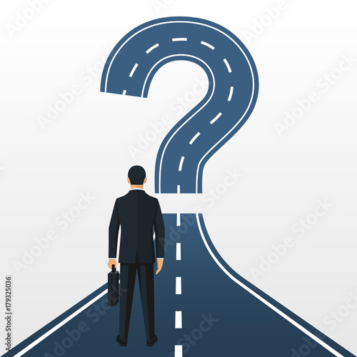 Road forward in form of a question mark. What's next Big question mark on a way. Businessman in suit with briefcase looking unknown open. Vector illustration flat design. Isolated on background.
