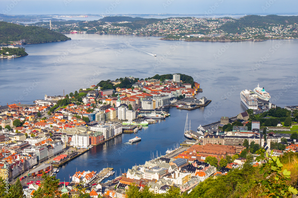 Bergen City, Scenic Aerial View Panorama harbour Cityscape under Dramatic Sky at sunset summer from Top of Mount Floyen Glass Balcony Viewpoint mountain