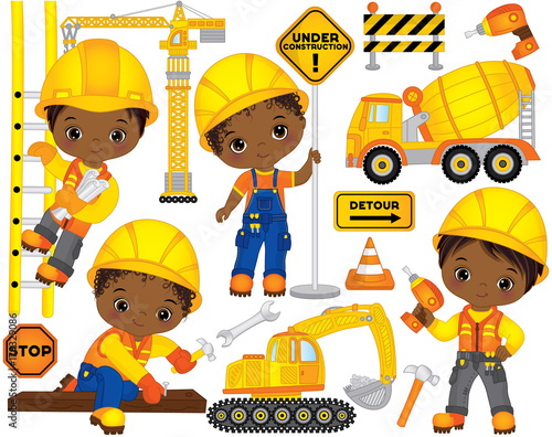 Vector Set with Cute African American Boys Dressed as Little Builders and Construction Transport 
