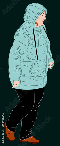 Female dressed in winter clothes. A woman in a synthetic hooded winter jacket is walking. Vector illustration
