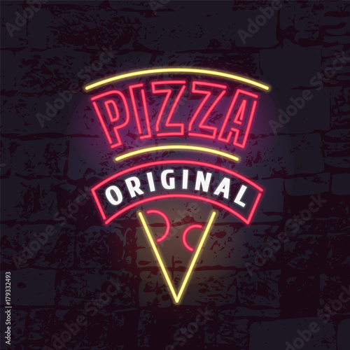 Neon sign for pizza restaurant vector logo, icon