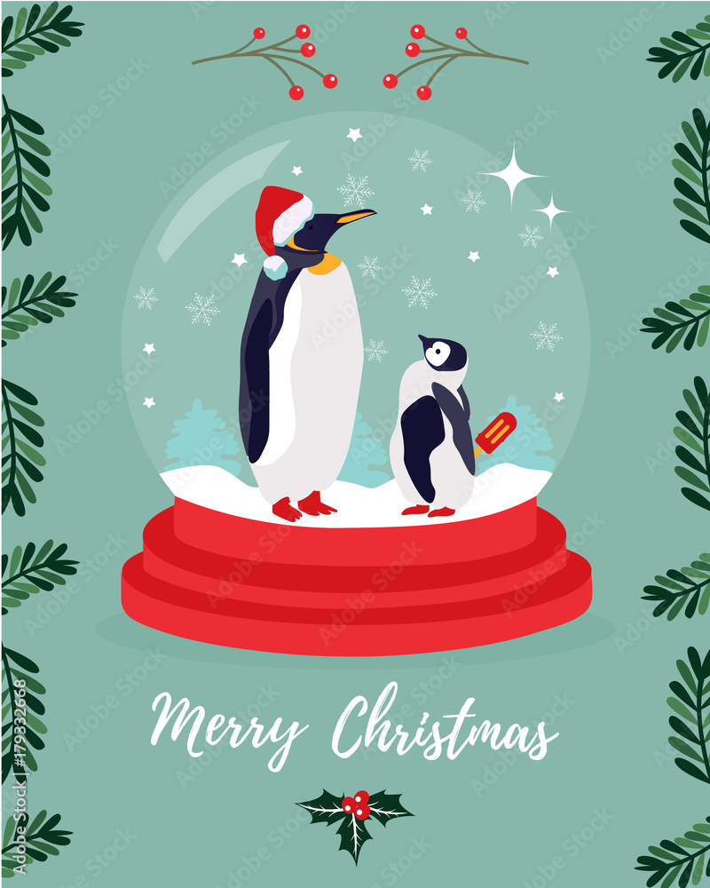 Obraz premium Christmas greeting card with two Emperor penguins