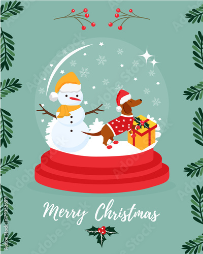Christmas greeting card with snowman and badger dog