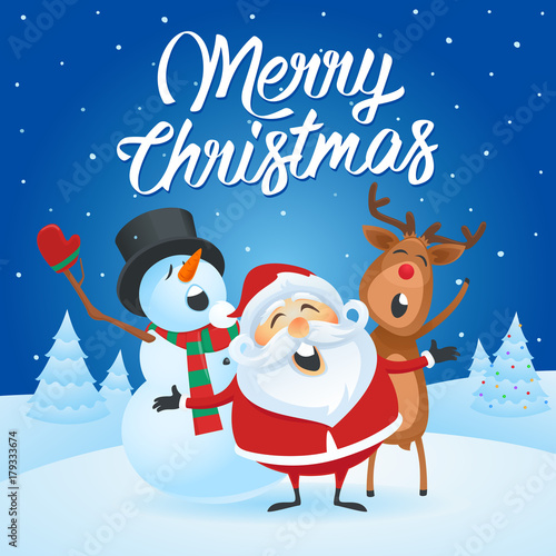Merry Christmas Vector Illustration. Santa Claus singing with his friends, snowman and reindeer. 
