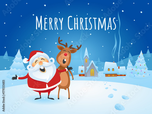 Santa Claus and Reindeer Singing Merry Christmas
