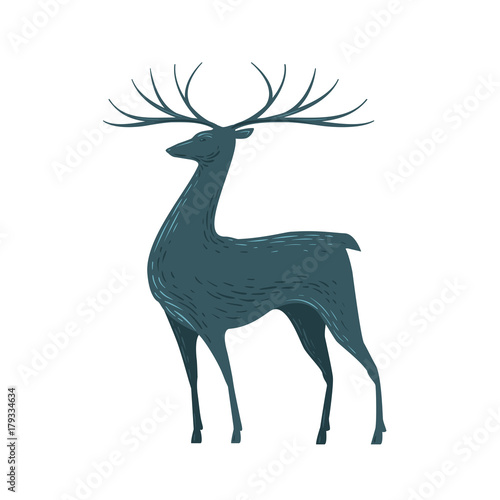 Decorative deer with horns. Reindeer, animal, wildlife icon or symbol. Vector illustration