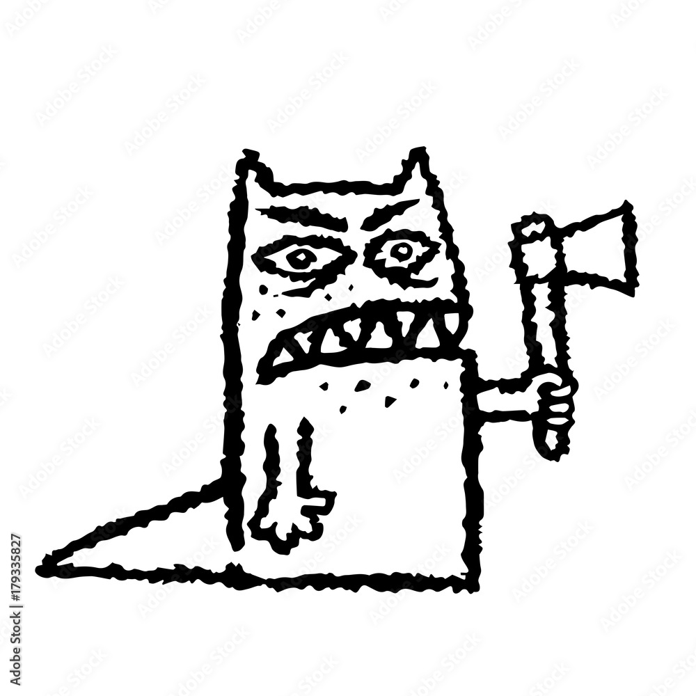 A funny toothy monster with an ax in his hand. Vector illustration. A funny toothy monster with an ax in his hand. Vector illustration.