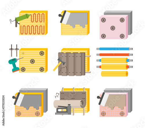 Thermal insulation process vector illustration icon set