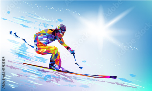 The polygonal colorful figure of a young man snowboarding with on a white and blue background. Vector illustration blue background in a geometric triangle of XXIII style Winter games