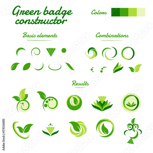 Green concept vector badge, logo and icon constructor set with nature design symbols. 