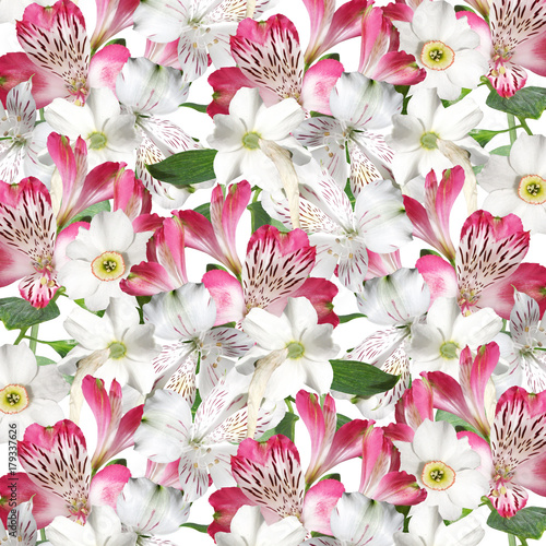 Fototapeta Naklejka Na Ścianę i Meble -  Beautiful floral background of narcissus and alstroemerias  