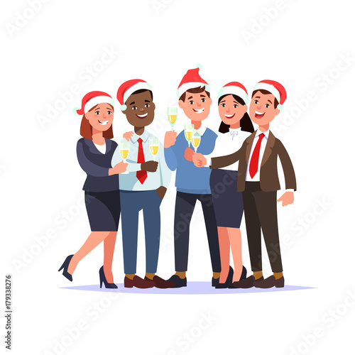Christmas corporate party in office. Vector illustration group young people staff in santa hat with glass toast cartoon style isolated.