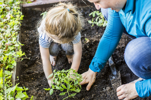 Caucasian mother teaching gardening to daughter