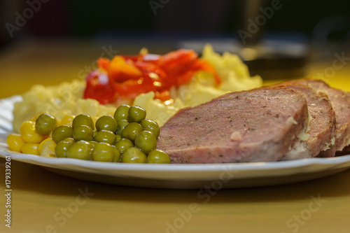 poultry cut vegetables and potato mash detail