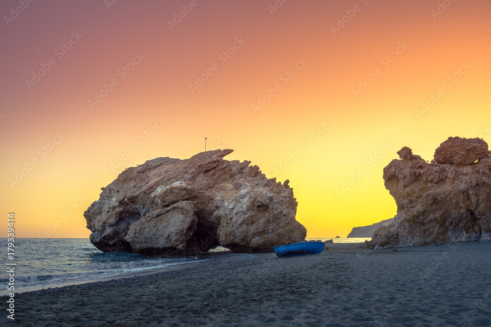 Summer view of a beach at sunset, Tertsa, Crete, Greece