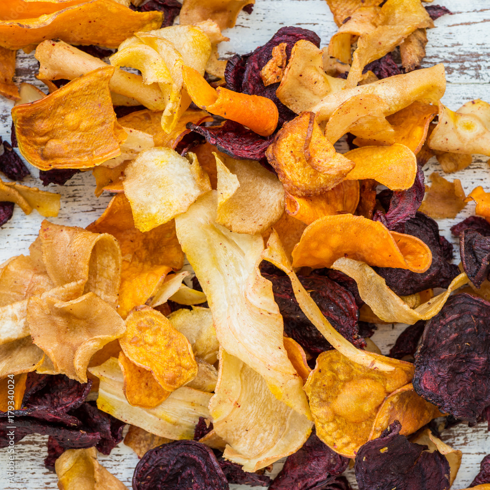 Bowl of Healthy Snack from Vegetable Chips, Crisps Bowl of Healthy Snack from Vegetable Chips, Crisps