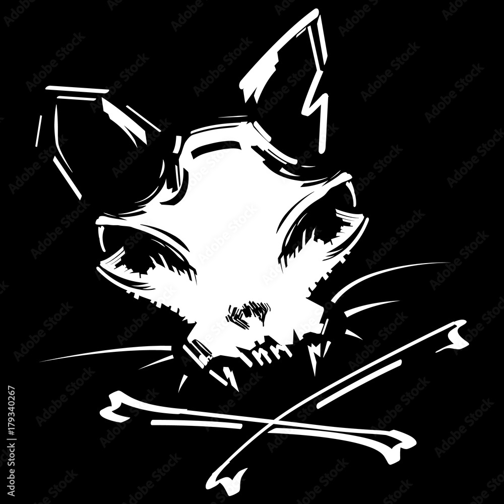 Fototapeta premium Cat skull and crossbones vector illustration. Jolly Roger