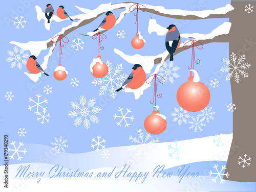 Christmas Tree in Snow, Balls and Bullfinches Background on blue, Merry Christmas and Happy New Year stock vector illustration