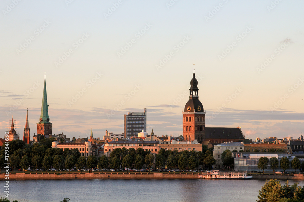Panoramic view of Old Riga, Latvia and it's church towers on a summer evening