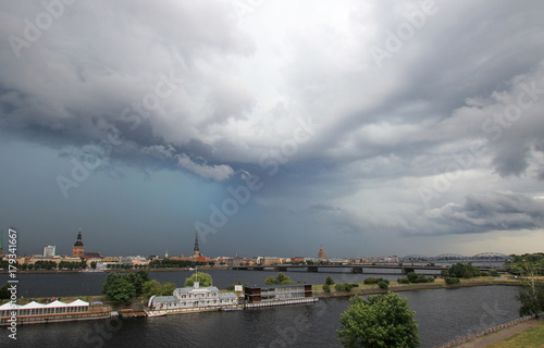 View of Old Riga with ominous thunderstorm clouds in the background