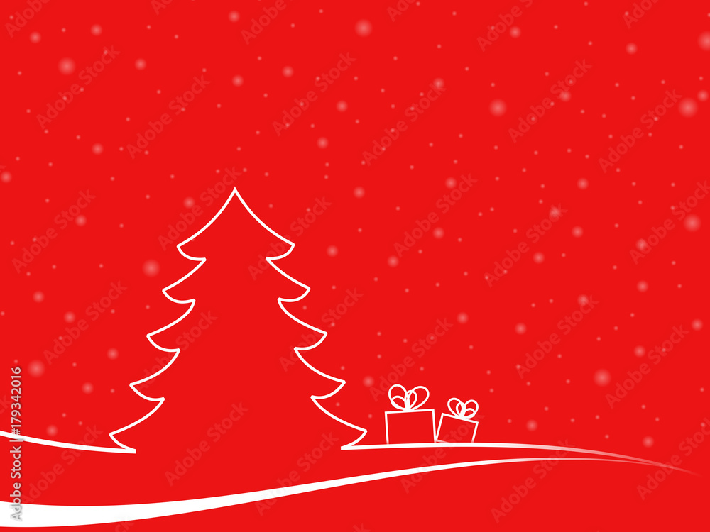 Abstract christmas tree in a minimal landscape with two gitf boxes and white snowflakes. christmas illustration with red background and white shapes Abstract christmas tree in a minimal landscape with two gitf boxes and white snowflakes. christmas illustration with red background and white shapes