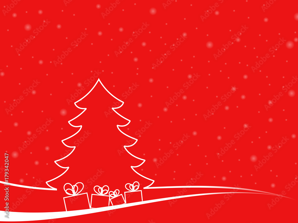 Abstract christmas tree in a minimal landscape with some gitf boxes and white snowflakes. christmas illustration with red background and white shapes Abstract christmas tree in a minimal landscape with some gitf boxes and white snowflakes. christmas illustration with red background and white shapes