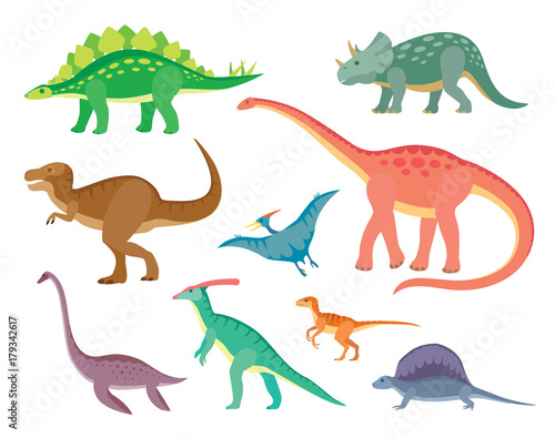 Set with various kinds of colored painted dinosaurs