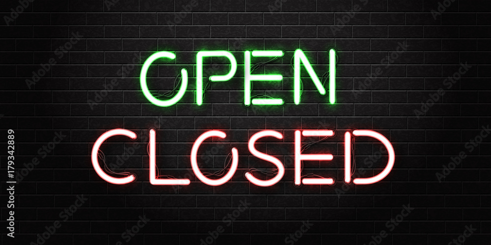 Vector realistic isolated neon signs of open and closed lettering for decoration and covering on the wall background. Vector realistic isolated neon signs of open and closed lettering for decoration and covering on the wall background.