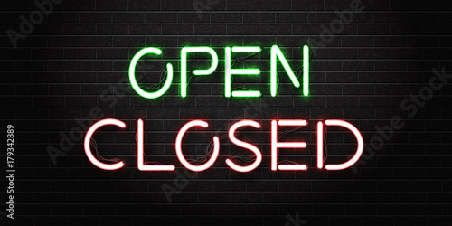 Vector realistic isolated neon signs of open and closed lettering for decoration and covering on the wall background.
